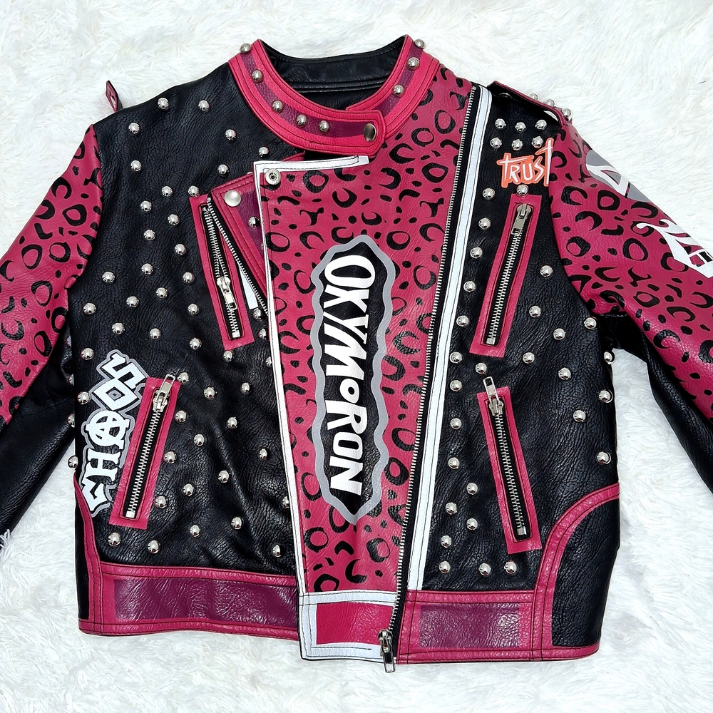 Red Black Moto Embellished Jacket Patchwork Studd… - image 2